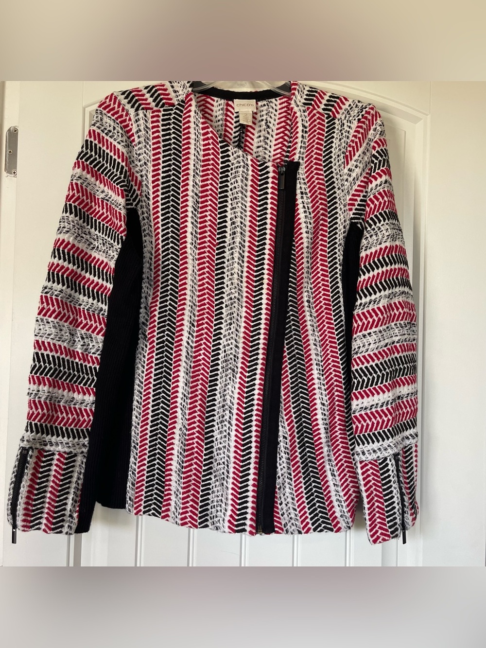 Chico's Red Black White Knit Zip-Front Blazer